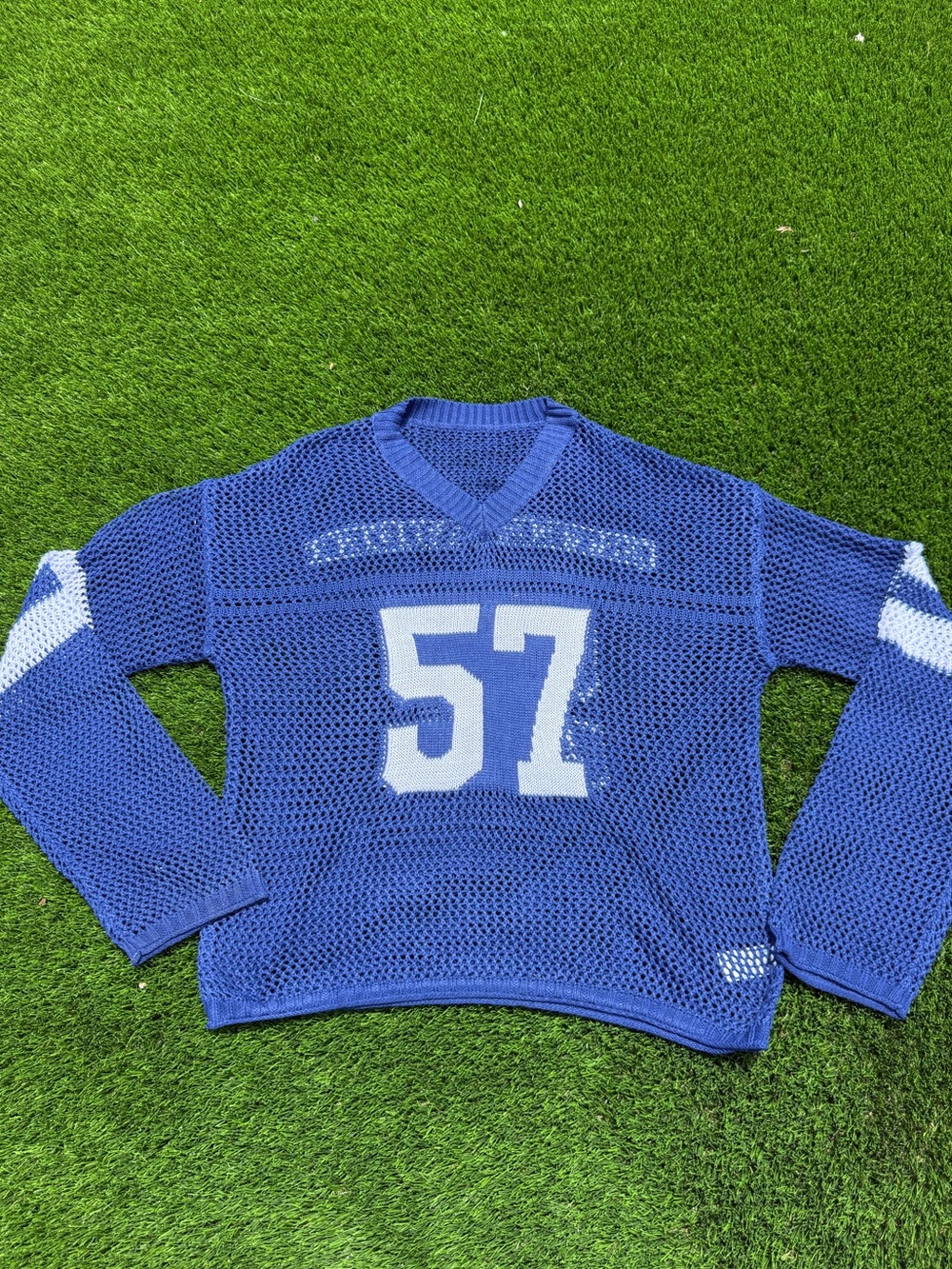 Rare Estée Lauder Blue Mesh Football Jersey Sweater with White 57